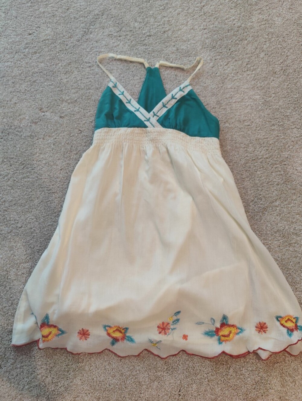 Adorable Cream and Teal Embroidered Sundress. So Cute!